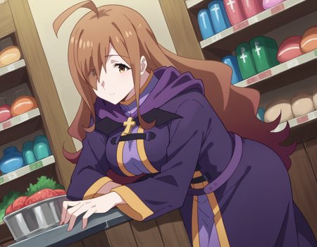 score_9, score_8_up, score_7_up, source_anime,
konosubawiz, <lora:konosuba-wiz-s1s2-ponyxl-lora-nochekaiser:1>,
wiz, ahoge, brown eyes, light brown hair, hair over one eye, long hair, mature female,
cross, dress, hood, hood down, jewelry, latin cross, long dress, long sleeves, purple dress, robe, purple robe,
indoors, shop, bent over,
looking at viewer, dutch angle, cowboy shot,