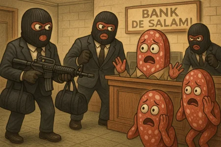 anthropomorphized salami bank robbers wearing ski masks and suits with black duffle bags holding up a terrified salami bank teller with an ar-15 with henchmen menacing terrified and cowering salami bank customers. they are in a salami bank