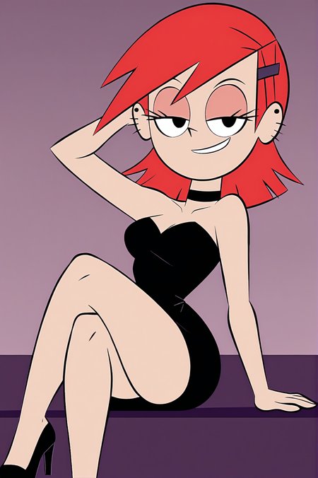 FrankieFoster, posing, black dress, crossed legs, thighs, smug, beautiful, arm up, head tilt, lowering her to top show tits,  <lora:FrankieFosterCartoonXL-10:0.8>