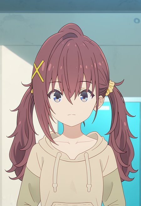 <lora:Kurea furutachi-000028:1>,
Kurea FURUTACHI,1girl,hair ornament,hoodie,hood,blue eyes,closed mouth,upper body,drawstring,solo,long sleeves,yellow scrunchie,long hair,hair scrunchie,collarbone,hood down,scrunchie,short over long sleeves,brown hoodie,front view