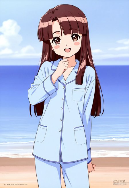masterpiece, best quality, good quality, <lora:Sakurai_Miyuri_IS:1>Sakurai_Miyuri, brown hair, brown eyes, long hair, blunt bangs, flat chest, 
1girl, smile, laughing, looking at viewer, solo, light blue pajamas, open mouth, 
blush stickers, cowboy shot, seaside, sea,
