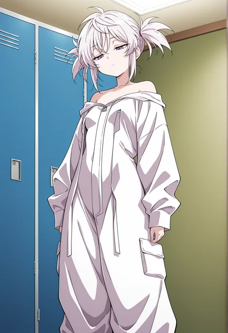 anime coloring, 1girl, solo, locker room, small breasts, saggy clothes, saggy pants, oversized bodysuit, off shoulder, oversized clothes, half-closed eyes, arms at sides, looking down, purple eyes, expressionless, messy hair, white hair, twintails  <lora:Jinki_v2:1>, masterpiece, best quality, amazing quality, very aesthetic, absurdres, highres, newest
