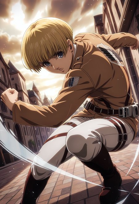 masterpiece, best quality, 32k, high resolution, absurdres
1girl, solo, yelena, blonde hair, dark blue eyes, short hair, bowl cut, blunt bangs
military uniform, suspenders, white pants, belt, boots
dynamic pose, fighting stance, attacking viewer, fists, dynamic angle, dynamic perspective, depth of field
indoors, Attack on Titan city, street, cloudy
motion lines, from both sides, light particles, dynamic angle,  cinematic angle, various angles, detailed background, beautiful background, (rays light:1.0),(grow:1.0) vivid colors, shiny and glossy, anime style, high-res, beautiful aesthetic, very intricate, high-quality details, vibrant, 
<lora:add-detail-xl:1.10> <lora:spo_sdxl_10ep_4k-data_lora_webui:0.95> <lora:noobai_ep11_stabilizer_v0.138_fp16:0.6> <lora:StS-Illustrious-Detail-Slider-v1.0:1.10> <lora:cfg_scale_boost:0.95> <lora:nyalia:0.20>    <lora:lora.TA_trained:1>