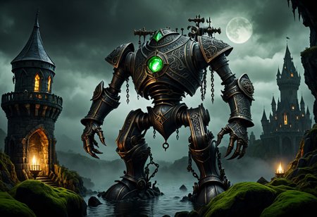 giant bipedal robot dirty dark silver and dark green, bronze paisley robot. lacy robot metal kettle head. outside of a steampunk keep. large detailed torso. dark image. one forty foot tall ancient robot with great arms and two heavy spring legs. dark foggy night background. $dark foggy night image only. dark photo realistic image. steampunk details. cogs, chains and pipes incorporated in the fantasy buildings. magic wizards tower in background. Dark swamp, moss, castle ruins, wizards tower. stormy dark night.  stormy sky.