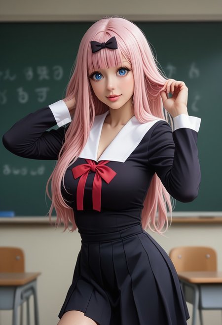 score_9, score_8_up, score_7_up,chika fujiwara, long hair, bangs, blue eyes, bow, pink hair, hair bow, blunt bangs, black bow, long sleeves, dress, ribbon, school uniform, collarbone, black dress, sailor collar, white sailor collar, red ribbon, neck ribbon, shuuchiin academy school uniform, boobs outline, tight chest, long sleeves, school classroom, (very cute, extremely cute, cutie patootie, cute girl), playing with hair, parted lips, slight smile, sexy thighs,  cute adorable pose, adorable girl, extremely beautiful, sex pose, squeezing and pushing up breasts over clothes