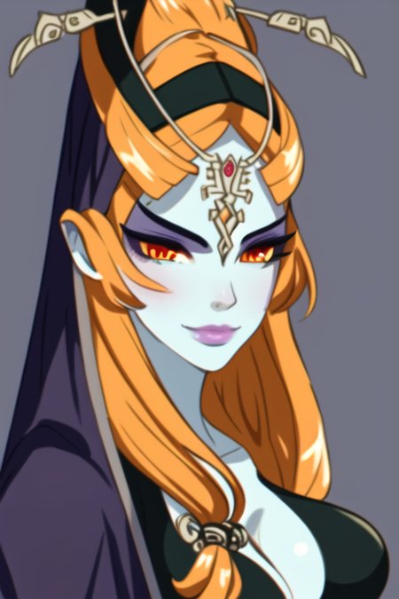 masterpiece, best quality, portrait of midna, dusk, full body, pelvic curtain, legs, slim, 1girl, breasts, colored sclera, blue skin, forehead jewel, front ponytail, grey skin, large breasts, lips, long hair, looking at viewer, midna, orange hair, solo, yellow sclera