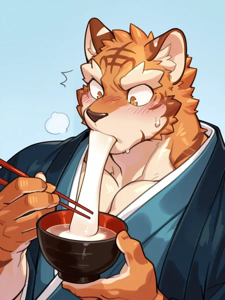<lora:GrantlyBell_v3_IL-000019:1>,grantlybell,highres,absurdres,very aesthetic,amazing quality,best quality,masterpiece,high quality,
sfw,1boy,furry,muscular,solo,
japanese clothes,mochi,eating,upper body,kimono,holding,blue kimono,blue background,chopsticks,holding bowl,sweatdrop,blush,bowl,