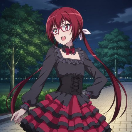 nsfw, masterpiece, best quality, 1girl, solo, jokamachi_no_danderaion_akane_sakurada, glasses,red hair, long hair, red eyes, open mouth, twintails, dress, smile, corset, hand on hip, frills, night, park,  <lora:Akane_Sakurada_-_Jokamachi_no_Danderaion_2:0.7>