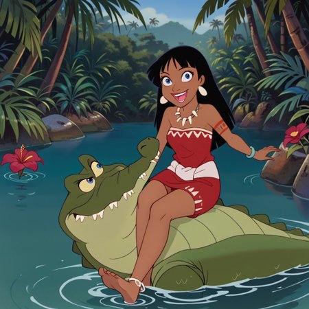 Tick tock crocodile,male animal focus, crocodile open large mouth ,green skin, blue eyes, Tick Tock the crocodile is giant and very huge size,teeth,fat, swimming in water,partially submerged,Tick Tock the crocodile looking at a young girl who she is sitting on a rock,1_girl,little_sizelong hair, black hair,chel, dark-skinned female, jungle,blue eyes,red flowers hair, blue aztek long_dress, jewelry, dark skin,smile,laught,necklace_pearl, bracelet, red tribal tattoo,wristband,anklet,aztek crown, barefoot,open mouth,river,palm trees, jungle tropical,leaf,grass Disney, anime,manga