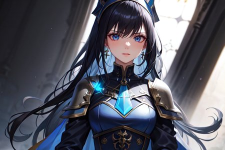 highly insanely detailed, masterpiece, top quality, best quality, highres, 4k, 8k, RAW photo, (very aesthetic, beautiful and aesthetic),  
beth_\(megami_tensei\),bethsmtii,shin megami tensei ii,long hair,black hair,straight hair,sleek black,jewelry,cross,headband,red_lipstick,Blue_dress,armored_corset,blue shirt,bandana_with_messian_symbol,Religious_bandana,symbol_headband,messian_church_bandana,white cape,cape_with_messian_symbol,Religious_cape,messian_symbol_cape,holy_knight_cape,Tokyo_Millennium,post-apocalyptic_city,dystopian_world, 
<lora:zs_Beth:0>, 
(1girl:1.3), 1other, 
iridescent background,âââ