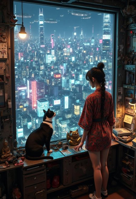 black cat with a white neck and white feet is sits on a cluttered metal riveted desk next to a maneki neko statue and small bronze buddha, the cat is looking out to a floor to ceiling window that looks out over a futuristic cyberpunk Tokyo skyline with skyscrapers and futuristic airships covered with lights and advertisements in Japanese, a tall thin beautiful young woman, 22 years old, is standing next to the cat looking out at the city through the window, The woman is dressed in an ornate short japanese style bath robe, exposing her long legs.  The woman's hair is messy from just waking up. Artistic cyberpunk, dynamic perspective,