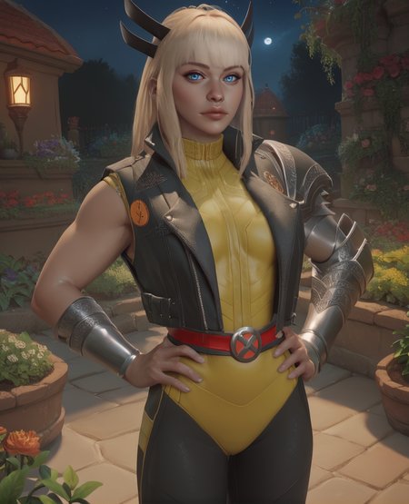 score_9,score_8_up,score_7_up,score_6_up,
magikxl,blond hair,blue eyes,4 horns,bangs,
bodysuit,belt,black vest,left arm single gauntlet,right arm  bracer,
standing,looking at viewer,hands on hips,
night,garden,
<lora:magik:1>,