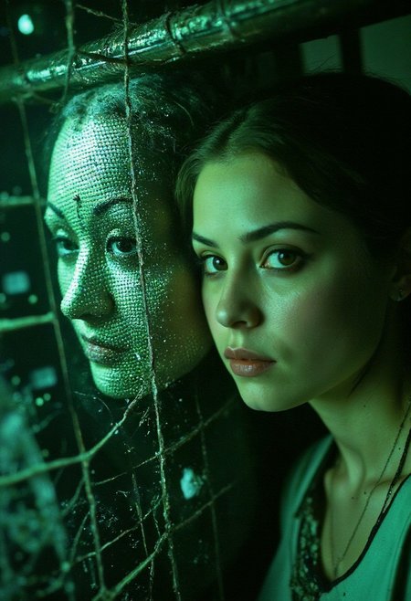 A close-up shows a woman appearing on an old, dystopian display screen, her figure half organic and half synthetic, composed of pixelated fragments that flicker erratically. The black and neon green grid structure forming her synthetic side glows in a broken, shifting pattern, adding to the unsettling effect. Her human side bears a fierce, determined expression, eyes filled with defiance. The screen is cracked and worn, with static lines and digital noise disrupting the image, emphasizing the decaying state of the technology. The background is dim and industrial, with faint neon green reflections casting a cold, artificial glow. Dust and grime coat the display, further contributing to the sense of a world fallen into disrepair. The scene evokes a haunting, cyberpunk atmosphere, with the woman’s digital essence fighting against the failing screen’s flicker.