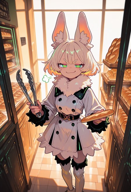 LeIsT0_illu, Flatline, Flat vector illustration, masterpiece, best quality, extremely detailed, very awa, newest,
1girl, solo, short hair, platinum blonde hair, animal ears, green eyes, ringed eyes, neck fur, wing neckline, white fur-trim dress, thigh-high boots, white fur boots,
BREAK
smug, smirk, puff of air, doyagao, v-shaped eyebrows, short eyebrows, thick eyebrows, looking at viewer, holding pastry tongs, bread tongs, from above, 
BREAK 
indoors, bakery, display window, backlight, warm tone, soft shadows, perspective, detailed background, film grain, depth of field,