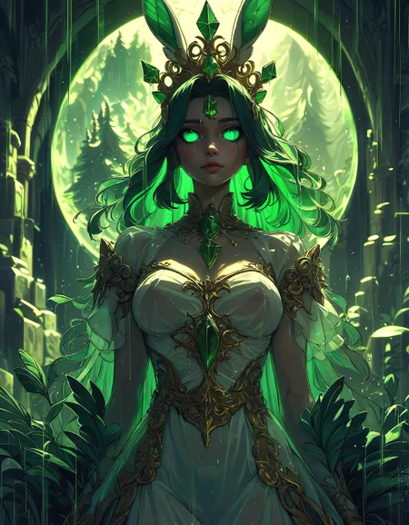 score_9, score_8_up, score_7_up, score_6_up, score_5_up, score_4_up,  highly detailed, jellyfish, rabbit, bokeh, headdress, pine tree, see-through, stone, green theme, crown, animal ears, rain, feathers, armored dress, :3, bug, green gemstone, forehead jewel, fantasy,, no pupils, stone, pokemon (creature), depth of field, breasts, moon, shadow, no humans