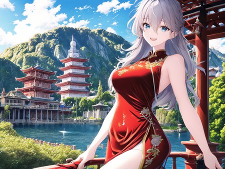 1girl, architecture, bare_arms, bare_shoulders, blue_sky, breasts, bridge, building, bush, castle, china_dress, chinese_clothes, cityscape, cliff, cloud, cloudy_sky, covered_navel, cowboy_shot, day, dress, east_asian_architecture, garden, gate, hair_between_eyes, house, lake, long_hair, looking_at_viewer, medium_breasts, mountain, mountainous_horizon, open_mouth, outdoors, pagoda, path, pond, railing, red_dress, river, scenery, shrine, silver_hair, sky, skyline, sleeveless, sleeveless_dress, smile, solo, stairs, standing, town, tree, water,  <lora:NovelAILora:1>