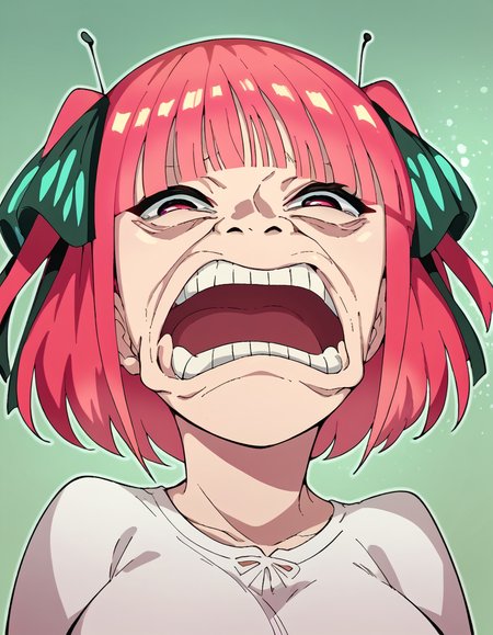 score_9, score_8_up, score_7_up, source_anime, <lora:nnakano-s2-ponyxl-lora-nochekaiser:1>, short hair, bangs, hair ornament, hair ribbon, pink hair, blunt bangs, two side up, butterfly hair ornament, large breasts,, <lora:strawhat-huh-face-ponyxl-lora-nochekaiser:1> strawhat huh face, strawhat huh face, open mouth, teeth, , ,