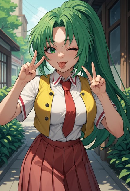 score_9, score_7_up,  1girl, <lora:MionCAME2:1> Mion Sonozaki, green eyes, ponytail, green hair, white shirt, red necktie, yellow vest, red skirt,  double v, looking at viewer, one eye closed, tongue out,