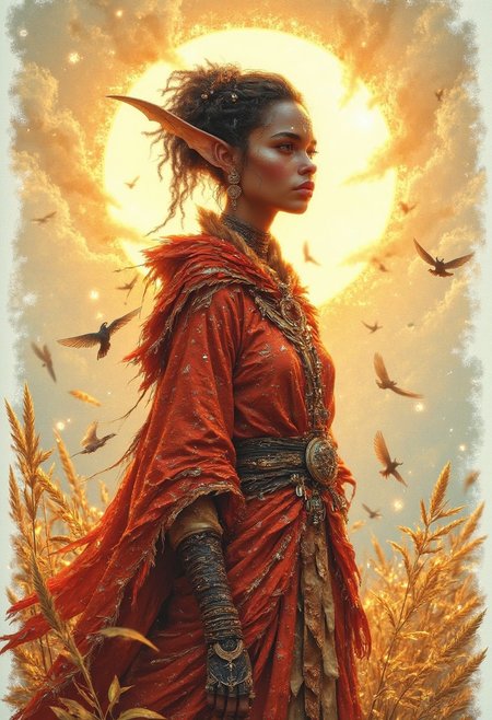 A whimsical illustration of an african tiefling woman wearing formal robes, sun behind, hints of black and red, african tribal elements, reminiscent of Beatrix Potter's watercolour style, with loose brushstrokes and soft, dreamy textures, blended with the whimsy of Eric Carle's collage illustrations and the charm of Quentin Blake's playful linework, in a warm, golden  colour palette with subtle shading and gentle, expressive character design