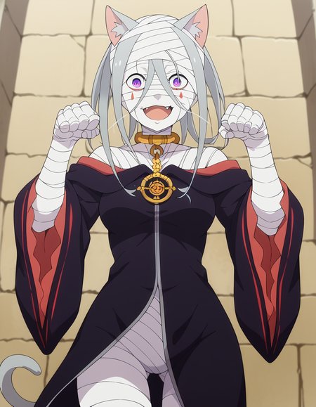 score_9, score_8_up, score_7_up, source_anime, <lora:sirius-romanee-conti-s3-p1-ponyxl-lora-nochekaiser:1>, sirius romanee conti, long hair, purple eyes, white hair, bandages, bandaged head, bandaged neck, bandaged arms, bandaged legs, bandaged hand, bandaged chest, bandaged torso, bandaged wrist, bandaged knees, medium breasts,, wide sleeves, robe, off-shoulder, black robe,, armory, weapons, armor, storage racks, military, smile, <lora:paw-pose-ponyxl-lora-nochekaiser:1>, paw pose, cat ears, cat tail, animal ears, tail, cat girl, open mouth, fang, whiskers,, looking at viewer, solo,, dutch angle, cowboy shot