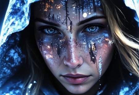 aidmaMJ6.1, darkcore, Jeddblexpsre,double exposure, ethereal. A close-up shot of a breathtaking young womanâs face, where her facial features are softly blended with an ethereal overlay of falling snowflakes. Her piercing blue eyes and delicate skin textures are visible through the translucent silhouette of the forest, creating a dreamy, surreal double exposure effect. The icy crystals on the hood of her light blue medieval cloak merge harmoniously with the natural elements. The soft lighting highlights both the woman and the superimposed scene, while shadows and highlights enhance the depth, giving the composition a balanced, thought-provoking appearance., <lora:FluxDFaeTasticDetails.safetensors:1.0:1.0> <lora:aidmaMJ6.1-FLUX-V0.2.safetensors:1.0:1.0> <lora:Flux DoubleExposure_epoch_1.safetensors:1.0:1.0> <lora:NebulaNexus_v1.safetensors:0.7000000000000001:0.7000000000000001>