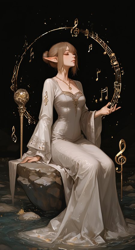 masterpiece, best quality, good quality, very awa, very aesthetic, absurdres, newest, 1girl, solo, breasts, short_hair, brown_hair, long_sleeves, dress, jewelry, sitting, pointy_ears, wide_sleeves, white_dress, necklace, hair_bun, lips, single_hair_bun, elf, musical_note, floating, rock, nose, realistic, eighth_note, grey_dress, floating_object, beamed_eighth_notes, treble_clef, quarter_note, beamed_sixteenth_notes, staff_\(music\), sitting_on_rock, floating_rock <lora:ponyv6_noobV1_2_adamW-000017:0.7> <lora:748cmSDXL:0.8> <lora:GBF_Illustrious:0.4>