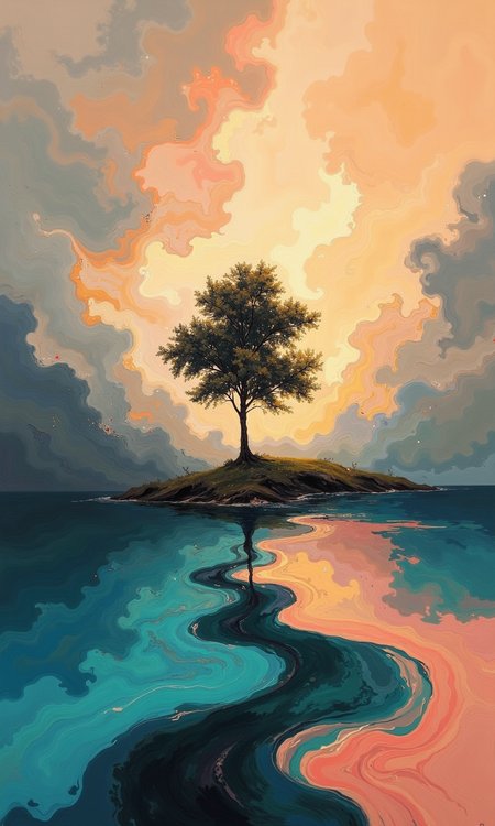 Full shot of an abstract painting.
The central focus is a dark silhouette of a tree, standing amidst a body of water.  The tree appears against a backdrop of swirling, blended clouds and sky in various shades of orange, yellow, pink, and gray.  The colors are soft and blended, with visible brushstrokes.
The water below the tree is a reflection of the swirling sky above.  It is a series of flowing, abstract shapes in shades of blue, teal, beige, coral, and pink, very much influenced by the colors of the sky.
The overall composition is dreamlike and ethereal, with a sense of flowing motion and depth created through the layering of colors and textures. The interplay of light and shadow within the painting helps deepen the mood.
<lora:FLUX-daubrez-DB4RZ-v2:1> DB4RZ, DB4RZ style painting