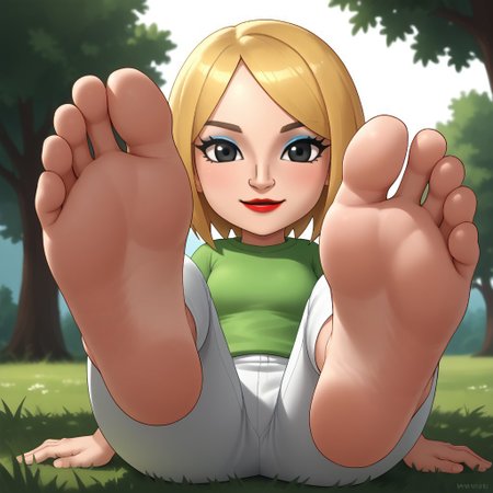 score_9, score_8_up, BREAK, (masterpiece:1.4), (best quality:1.2), solo, perfect anatomy, accurate anatomy, perfect feet, perfect soles, mii, wii sports club, wii u, blonde hair, black eyes, blue eyeshadow, red lips, lipstick, dark green clothing, white pants, breasts, female mii, 1girl, cute, attractive, Xiu_(\Wii_Sports_Club\), Nintendo Mii, modern_mii, classic_mii, light skin, light skin female, sexy pose, self portrait, smile, outdoors, sunlight, shadows, evening lighting, natural lighting, forest, trees, grass, orange sky, sunset, {{{sitting, barefoot, foot focus, feet, soles}}}, adult female, mature female, grown up