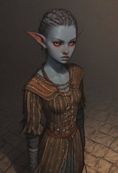 solo, short pointy ears, piercings, random elf face, aquiline features, female dark elf, brow rings, nose rings, beaded piercings, weathered skin, large nose, insect chitin armor, insect chitin helmet, insect chitin ornaments, stylized insect pattern, athletic build,  animated realism, zoomed out, Syrian features, torso, brass pipes and gears, intricate architecture, dwarven masonry, dwemer fixtures, white-green light, gloomy lighting, ancient ruins, interior, stone tiled floor, grey-blue skin, mahogany and ivory clothes, medium armor, bone plate armor, ivory straps and fittings, alien bone ornaments, grey wood neckguard, red sclera, black pupils, blue-green light, neon, highly detailed, defined features, looking at viewer, three quarters view, from above, dynamic lighting, 19 years old, light and shadows, patterned cloth, annoyed expression, expressive eyes, detailed medieval clothes, medium_breasts, short hair, wavy hair, thick hair, beaded hair, braided hair, under cut hair, semirealistic, alien elf, spanish features, jewish features, white grey hair, dark red hair, umber skin, sharp features, pastel green inuit print cloak, nighttime, high detail, absurdres, pretty eyes, detailed eyes, yellow eyes,