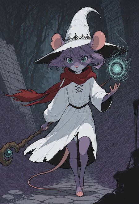 Studio Ghibli Dark Fairytale, DISNEY_ANIMATION, <lora:Dark_Ghibli:1.5>, <lora:Disney_Animation_v5-V7:>,masterpiece, <lora:sowasowart_style-000016:1>,s0wasow4rt_illu, masterpiece, mouse girl,  cute, green eyes, hooded, red scarf, brown fur, scarf flowing in wind, deep forest background,  holding staff, (short hair), ancient ruins, damaged ruins, coat, tunic, (white fur), (furry), bottomless, serious, exploring ruins, (purple fur, witch hat, holding magic staff, standing), dungeon background, from front, action pose, walking, portrait, white dress, bottomless, masterpiece, focused, determined, fighting pose, amazing quality, intricate details , flowing hair, thin black outline thin, white outline, abstract masterpiece, sharp detail, intricate detail, masterpiece ,amazing quality, intricate details , sometyome_illu ,xxx667_illu , reij-incs, thin white outline, thin black outline,, limited palette, flowing hair