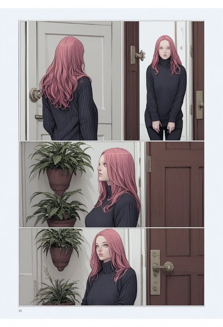 zPDXL3, karmen, comic, 1girl, pink hair, long hair, sweater, door, plant