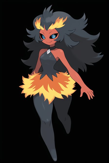 Score_9, Score_8_up, score_7_up, score_6_up, rating_safe solo, type: fire, type: rock, it is a feminine humanoid made out of fire and coal, it is entirely made out of fire except for it's dress, it has wide hips and thick thighs, but a narrow waist and chest, it has blue eyes that contrast with it's orange and red body, it has thin upper arms but wide forearms, it has narrow shoulders, it has a small smile, it is attractive and has the silhouette of breasts, it has a short dress made of coal, it has long hair made of coal, it has black hair, it has lumpy hair, it is wearing a lumpy dress, it has black sclera<lora:EMS-300164-EMS:0.800000>