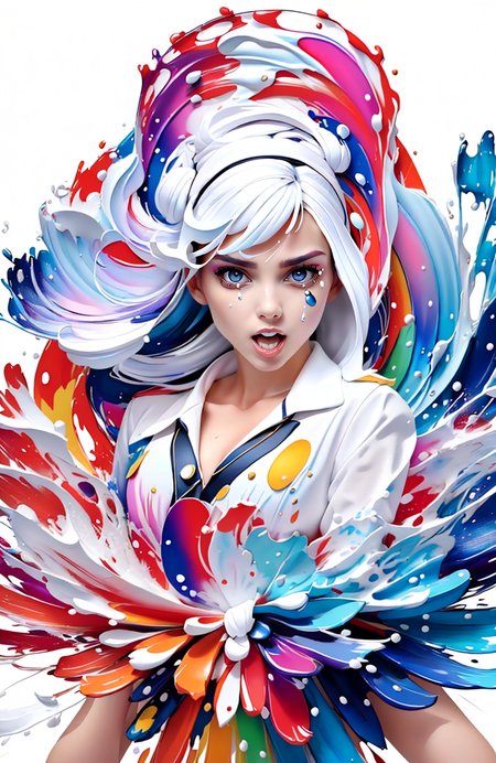 girl with a pretty face, white hair,  purple eyes,(((sexy school uniform))), wearing a stylish very sexy school uniform, with a funny expression on her face. 