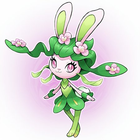 fakemon, pokemon (creature), no humans, full body, 
grass type, fairy type, mid stage, 
bunny, anthro, bunny ears, short tail, cute, green fur, pink fur, white fur, pink eyes, pink flowers, yellow seeds, yellow paw pads, 
flat colors, white background
