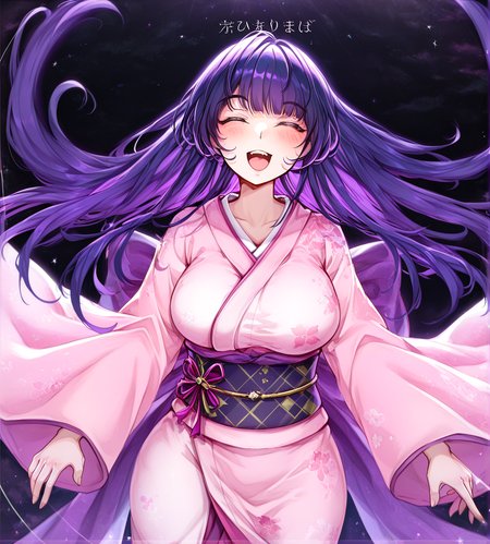 <lora:Mihan:1.3>,1girl, kasumi \(utaite\), huge breasts, wide hips, indie utaite, blush, closed eyes, floating hair, floral print, japanese clothes, kimono, long hair, looking at viewer, open mouth, pink kimono, purple hair, solo, song name, teeth, upper teeth only, utaite, 
very awa, masterpiece, best quality, highres, absurdes,amazing quality,very aesthetic,intricate details, <lora:hand 5.5:1>