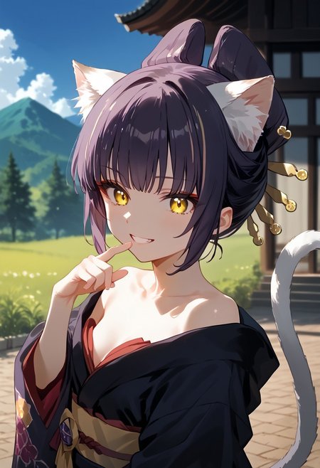 [WAI-ANI-NSFW is merged by WAI0731, T-ponynai3 is trained by Tonade, Epona Mix is merged by K4gtuTi:100], [zPDXLxxx::0.6], score_9, score_8_up, score_7_up, rating_questionable, source_anime, best quality, masterpiece, dreamy watercolor, depth of field, fcx, fyx, phc, yuh, oya, kib, very aesthetic, absurdres, retro style, <lora:Expressive_H-000001:0.5>, Expressiveh, <lora:flat_sdxl:-0.2>, <lora:Mixed_ArtstyleV2:0.3>, [this lora is made by MaiiaM:100], <lora:pony_good_hands:0.2>, good_hands, <lora:iris_size_control2_pony_02:0.4>, <lora:detail_eyes-000019:0.2>, [this lora made by sadsilly:100], detail1eye, anime, 1girl, long eyelashes, ultra detailed eyes, beautiful eyes, bright eyes, faint lips BREAK <lora:darudayu-PD-1.0:1>, petite, cat girl, cat ears, cat tail, purple hair, hair ornament, yellow eyes, small breasts, kimono, bare shoulders, sultry, sexy, holding smoking pipe BREAK pull shirt up, shirt lift, lift by self, bra, cleavege, grin, finger on face BREAK fantasy view, wide field, mountain, forest, sky, cloud, unpaved road BREAK from behind, ass focus, looking back, (from above:0.6), (dutch angle:0.2),  face focus, night sky,