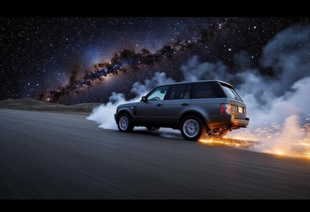 A hyperrealistic analog-style photo of a Range Rover L322 tearing through the cosmos, its rugged frame cutting through the void like a meteor reborn. The vehicle hurtles forward, leaving a trail of cascading sparks and ionized energy, as if the very atoms of space itself struggle to keep up with its impossible momentum. The matte surface of the car catches faint reflections from distant nebulae and shattered asteroids, its edges subtly distorted by the sheer velocity of its passage.
Blazing streaks of light arc from its wheels, resembling plasma discharges ignited by friction against the unseen forces of the universe. Around it, the fabric of space ripples and twists, as if recovering from the shockwave of its arrival. Swirling clouds of cosmic dust scatter in its wake, glowing briefly before fading into the void. Distant galaxies and pulsars shimmer like echoes of forgotten time, their light bending around the machine as it surges ahead, a lone terrestrial creation defying the infinite unknown.
The grainy, unpolished texture of the photo adds to its raw, otherworldly authenticity—scratches, dust, and slight distortions make it feel like a classified glimpse into something forbidden, a moment stolen from the very edge of existence. galaxy N4sa aidmafluxproultra