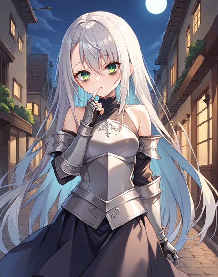 rene_yuusha, grey hair, green eyes,  very long hair, bare shoulders, knight clothes, arm guards, breastplate, gauntlets, detached, sleeves, armor skirt, black skirt, bags under eyes , petite body, small breasts BREAK outdoors,city street, night, medieval BREAK sexy pose, looking at viewer, neutral face,  cowboy shot, tilt head, finger near mouth BREAK score_9, score_8_up, score_7_up, source_anime ,zPDXL, perfect hand, <lora:Rene-000017:0.8>