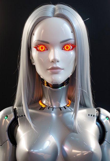 A 35mm photo of a beautiful broken robotic woman, she has a faceless robotic head, robot, silver hair, smooth dark grey metallic featureless feminine body, sparks coming from her broken neck
no face