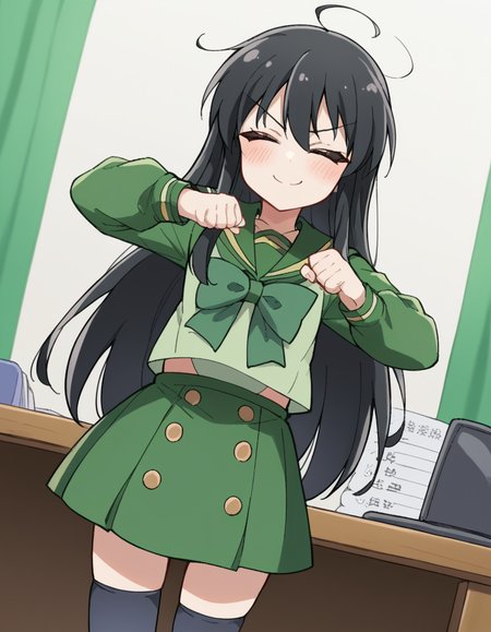 score_9, score_8_up, score_7_up, source_anime, <lora:shakugan-no-shana-s3-ponyxl-lora-nochekaiser:1>, shana, long hair, black hair, brown eyes, ahoge, sidelocks,, school uniform, serafuku, green serafuku, bowtie, green bowtie, green shirt, green sailor collar, long sleeves, green skirt, buttons, thighhighs,, office, desk, computer, chair, paperwork, smile, <lora:shikairo-days-dance-ponyxl-lora-nochekaiser:1>, shikairo days dance, shikairo days dance (meme), dancing, meme, closed eyes, clenched hands, glowsticks, blush, smile,, looking at viewer, solo,, dutch angle, cowboy shot