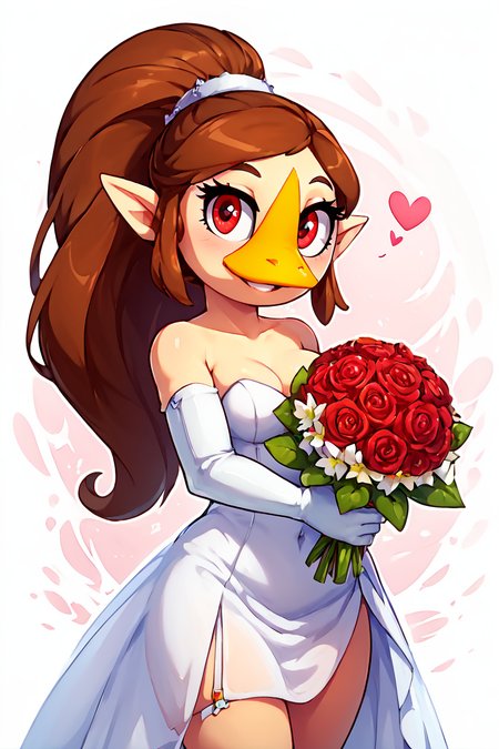 score_9, score_8_up, score_8, medium breasts, (curvy), cute, eyelashes,       BREAK, , <lora:MedliZelda_PDXL_v2:0.7>,  zzMedli, solo, 1girl, brown hair, beak, pointy ears, bird, long hair, long hair, red eyes, ponytail,, BREAK, smile, looking at viewer,  bride, wedding dress, bridal veil, strapless dress, elbow gloves,  holding bouquet,  hearts, white outline, cowboy shot, embedding:zPDXL, Expressiveh, <lora:theOtherHalfPDXL:0.8>,  <lora:CatalystStylePDXL:0.6>,  <lora:SDXLFaeTastic2400:0.5>,  <lora:Expressive_H-000001:0.4>,