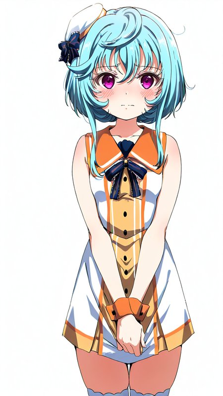 white_background,simple background,1girl,solo,full_shot,looking_at_viewer,<lora:Maryberry_Illustrious_v8:1>,Maryberry,Maryberry-idol,white_thighhighs,shy,blush,anime screenshot,sincos,arm_blade,, masterpiece, best quality