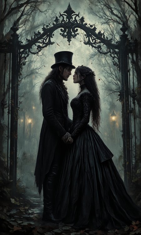 artwork depicting a romantic scene set in a dark, foggy cemetery. The central focus is on a couple standing in front of an ornate, wrought-iron gate with intricate, swirling designs. The man, on the left, has long, wavy hair and is wearing a dark, vintage-style suit with a tall top hat, adding to the gothic aesthetic. His face is partially obscured by the brim of the hat, but his expression is intense and focused on the woman. The woman, on the right, has long, flowing dark hair and is dressed in a black, Victorian-style gown with a high collar and long, lace sleeves. Her face is turned towards the man, and their lips are almost touching, suggesting a deep emotional connection.
The background is shrouded in mist, with bare, leafless trees and a few glowing lanterns visible in the distance. The ground is covered in fallen leaves, adding to the autumnal feel of the scene. The overall color palette is dominated by dark shades of black, grey, and brown, with the only significant splash of color coming from the woman's gown. The composition and lighting create a haunting, romantic atmosphere, evoking a sense of melancholy and longing., aidmaimageupgrader, aidmamj6.1,