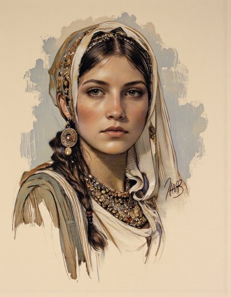 Art by Thomas Haller Buchanan. A portrait of a woman in a portrait pose, drawn in a realistic style with a focus on texture and shading. the subject, a woman with a serious expression, is positioned in the middle of the image, facing the viewer with her eyes looking directly at the viewer. her hair is long and braided, and she is wearing a headscarf and a necklace with earrings. the background is a soft beige color, and the image is signed "nub" in the bottom right corner, indicating that it is a signature. the woman appears to be in her early twenties, with a light skin tone and dark brown hair. she has a slim body and is wearing jewelry, including earrings, a necklace, and a head scarf. her eyes are brown, and her expression is serious.