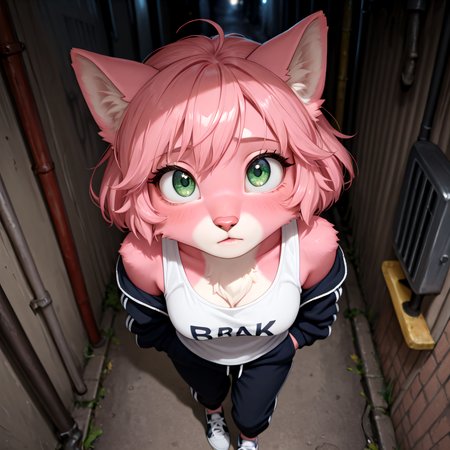 masterpiece, best quality, amazing quality, very aesthetic, high resolution, ultra-detailed, absurdres, newest, scenery, furry, anthro, {Prompt}, BREAK, detailed background, detailed hair, depth of field, detailed fluffy fur, photorealistic details, no lighta


Sakura, pink fur, two tone, Cat ears, Green eyes,adult

BREAK

, alley, track shoes, black baggy track pants, white tank top, black track jacket, head turned to side, looking up, viewed from above
, looking at viewer, looking tired, facing viewer, gang symbols, (((focus face:1.2))),grabbing viewer's shirt, pulling viewers shirt
 


