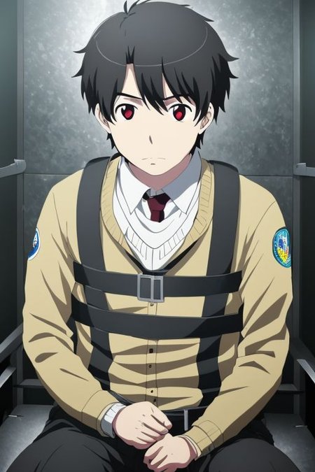 high resolution, solo, best quality, 1Boy, Portrait, Inaho Kaizuka, Black Hair, arrested, restrained, struggling, tied, interrogation, interrogation room,