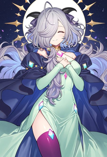 (score_9, score_8, score_7), masterwork, masterpiece, best quality, beautiful eyes, beautiful face, detailed eyes,detailed face, 1girl, eitr01, long silver hair, side-swept bangs, black curved horns,  
mint green dress, ivory outer layer, deep violet inner skirt, high slit dress,  
purple thigh-high stockings, navy blue and violet cape,  
shiny crystal decorations, glowing light blue and pink gems, golden choker with geometric ornament, dynamic angles,closed eyes, smile,happy