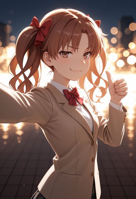 masterpiece,best quality,absurdres,highres,very aesthetic,high quality,detailed,insanely detailed,beautiful,perfect lighting, ,depth of field,blurry background,bokeh, looking at viewer,
  (thumbs up),arm up, reaching hand, smile,close-up,  very awa, masterpiece, best quality, highres, absurdres, newest,  white background,
front view, from side, smug,, looking at viewer, v sign, v, <lora:Shirai illu:1> 1girl, brown eyes, brown hair, long hair, twintails, parted bangs, hair bow, 
tokiwadai school uniform, winter uniform, red bowtie, brown jacket, plaid skirt, white shirt, blazer, pleated skirt, closed mouth, hairpin, collared shirt, long sleeves, miniskirt, dress shirt,
