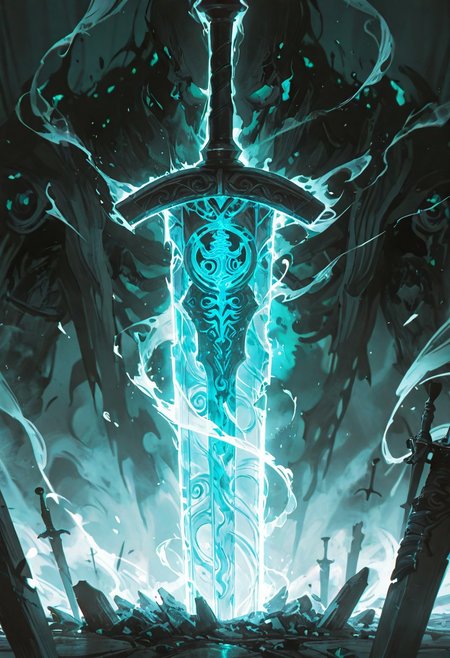 A close-up reveals the hilt of a shattered runic sword, its ancient engravings glowing faintly. From the jagged break, wisps of ethereal light swirl outward, forming tortured faces and ghostly silhouettes. The air vibrates with whispers and agonized wails as the souls of the damned escape, their forms twisting and writhing in a chaotic dance of despair. Shadows flicker, and the atmosphere feels heavy with the weight of their torment.