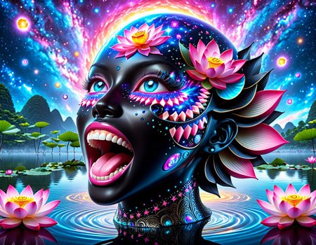 breathtaking helios, black and pink and blue, open mouth, teeth, star (sky), no humans, lotus,water, psy
<lora:helios2:1>
 . award-winning, professional, highly detailed